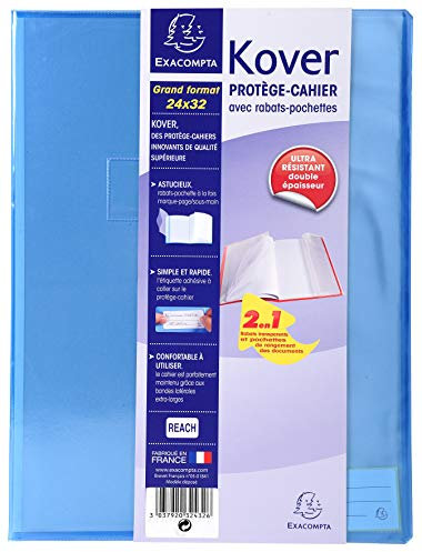 Exacompta - Réf. 32431E - 1 protège-cahier Translucide KOVER avec étiquettes adhésives - En PVC plastique lisse 22/100ème - Format 24 x 32 cm - A3 - 8 couleurs aléatoires