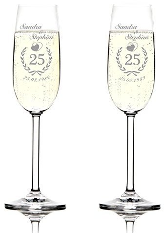 polar-effekt 2er Set Sektgläser Hochzeitsgeschenk - Personalisiert mit Gravur Namen, Datum Jubiläumskranz - Geschenk-Idee zur Silberhochzeit, Goldhochzeit, Jubiläum und Jahrestag der Ehe