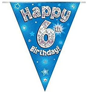 Party Bunting Happy 6th Birthday Blue Holographic 11 flags 3.9m