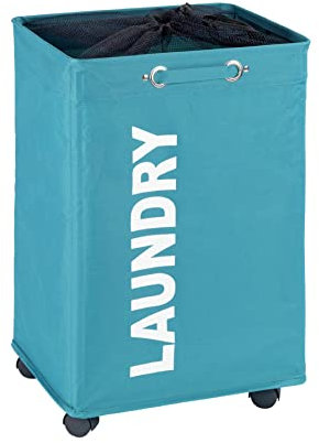 WENKO Wäschesammler Quadro Petrol, Stabiler Wäschekorb, Wäschetonne mit Rollen, Wäschetruhe mit Griff, 100% Polyester, Fassungsvermögen 79 L, 140 x 60 x 33 cm