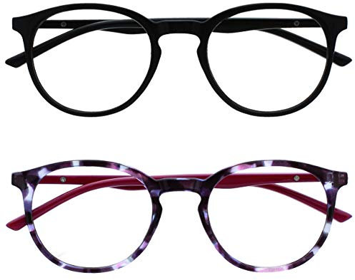 OPULIZE Met - Lesebrille Blaulichtfilter 2er Pack Schlank Runder Rahmen Federscharniere Verbessert Schlaf Computer Gaming Entspiegelt Schwarz Lila Herren Damen BB60-15 +2.50