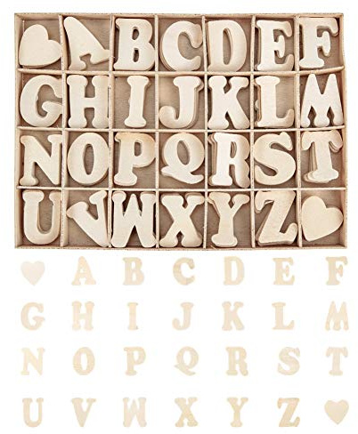 PandaHall 112 Stück Holzbuchstaben Und Herz-Set - Kleine Holz-Großbuchstaben Mit Aufbewahrungstablett - Holz-Alphabet-Bastelbuchstaben Glattes Naturholz Für Kunsthandwerk DIY Hochzeits-Display-Dekor