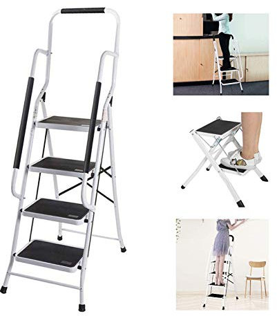 Huini Marchepied pliable 4 marches en acier avec main courante Pour la maison, la cuisine, le bureau