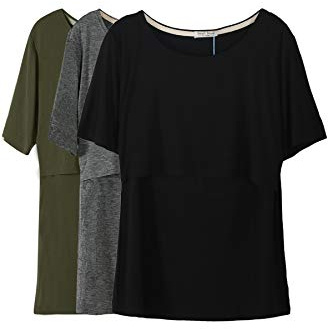 Smallshow 3 Pcs Maternity Nursing T-Shirt Nursing Tops Army Green-Black-Dim Grey Large