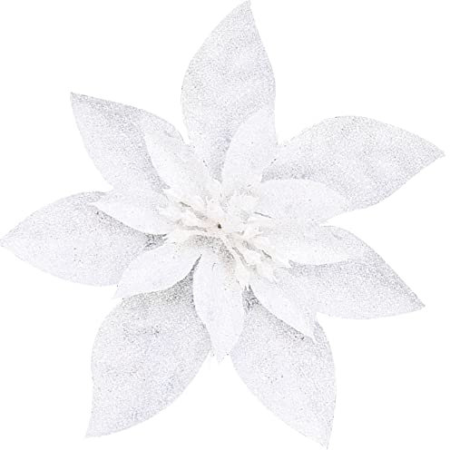 Yueshop 10 Pcs Glitter Christmas Flowers with Artificial Poinsettia Flower Christmas Tree Flower Decorations Xmas Tree Ornaments (White, 15CM)