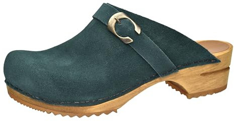Sanita Hedi offener Clog, Wildleder | Original handgemacht | Leder-Holzclogs für Damen | Dunkelgrün | 42 EU