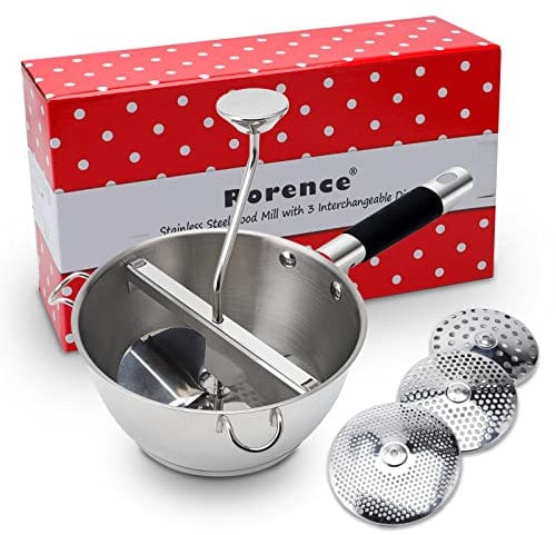 Rorence Edelstahl Passiermühle mit 3 Lochscheiben und silikonbeschichtetem Griff, Durchmesser: 20 cm - Rotationsmühle für Tomatensoße, Apfelmus, Püree, Kartoffelpüree, Marmelade, Babynahrung