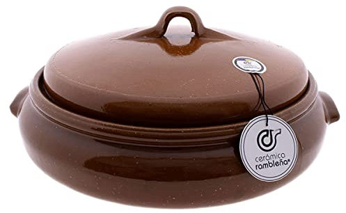 CERÁMICA RAMBLEÑA | Cazuela de barro refractario con tapadera | Cazuela fuego directo | Cazuela cerámica tradicional | Cazuela para horno | Cazuela baja con tapadera | 35x33x12 cm | 3.5 litros