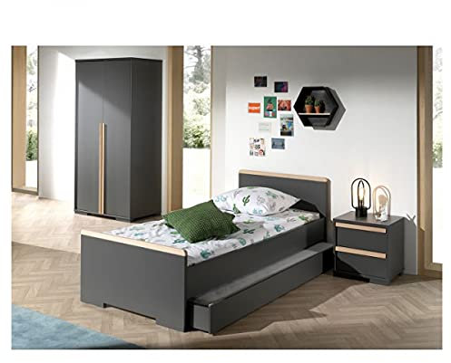Vipack London Anthrazit Bett + Nachttisch mit 2 Schubladen + Schrank mit 2 Türen + Ausziehbett