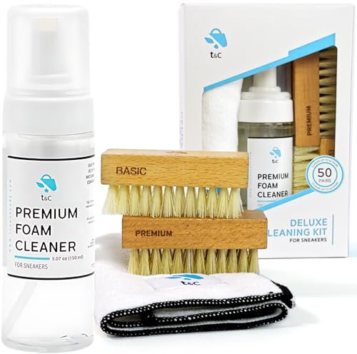 t&c Deluxe White Shoe Cleaning Kit, Sneaker Cleaning Kit Safe on All Materials, White Sneaker Cleaner Kit Foam 5.07oz, 2 Brushes &1 Microfiber Towel, Tennis Shoe Cleaner Clean upto 50 pair, White, M