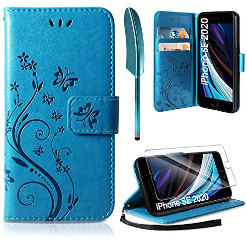 AROYI Lederhülle Kompatibel mit iPhone Hülle und Schutzfolie (iPhone SE 2020/7 /8, Blau)