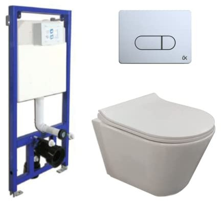 Pack Inodoro Suspendido Blanco Brillo y Cisterna Empotrada Autoportante con Pulsador CROMO | Inodoro Suspendido Blanco Brillo Rimless Sin Borde de Fondo Reducido y Asiento Extrafino