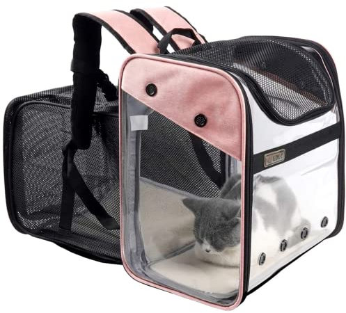 Trasportino Zaino Espandibile per Cani Gatti 10kg, Borsa da Trasporto per Viaggio, Trasparente Traspirante Pieghevole con Cuscino in Peluche per Animali Domestici, Compagnia Aerea Approvata (Rosa)