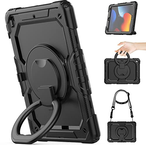 Timecity Schutzhülle für iPad 9. / 8. / 7. Generation 10,2 Zoll (für iPad 9/8/7) mit starkem Schutz, Displayschutzfolie, Griff, Schultergurt, um 360° drehbarer Ständer, Stifthalter - Schwarz