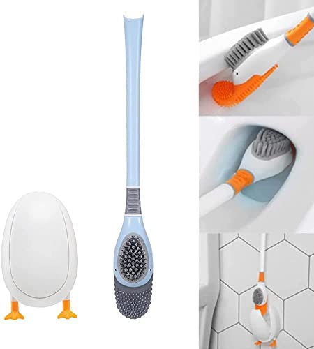 Diving Duck Toilettenbürste, weiche Silikon-Flex-Toilettenbürste und Halter, Wand-Toilettenreinigungsbürste mit langem Griff, kein Stanzen, Wand-Toilettenbürste mit langem Griff (Blau)