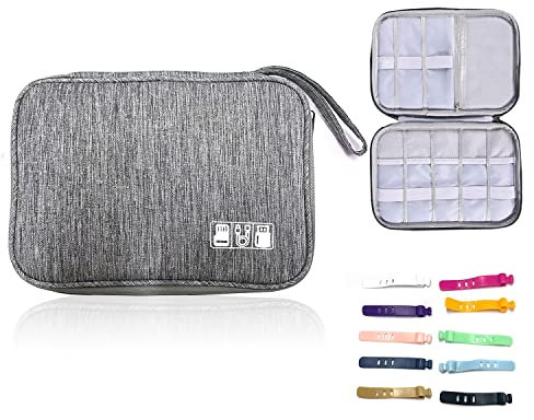 BEIIEB 1 Piece Electronic Accessory Organizer & 10 Pieces Silicone Cord Management Strap, Travel Universal Portable Cable Organizer Bag for Chargers and More