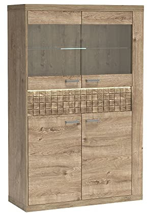 Marmex Natural N5b - Niedriger Schrank mit Schublade; Die Oberschränke haben eine Glasfront und einen Glasboden; mit Beleuchtung von Schränken und Streifenbeleuchtung (Natural Gitter)