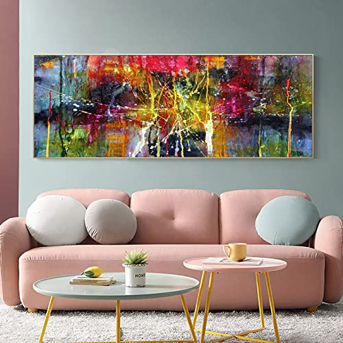 Dekoration Wand Leinwand Kunst Poster und Druck Bunte abstrakte moderne Malerei auf Leinwand Übergroßes Bild für Wohnzimmer 70 x 155 cm (28 x 62 Zoll) mit Rahmen