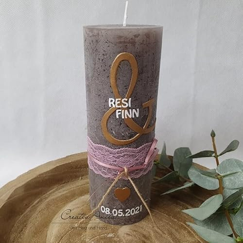 Hochzeitskerze Rustik braun mit altrosa-gold und einem & Zeichen
