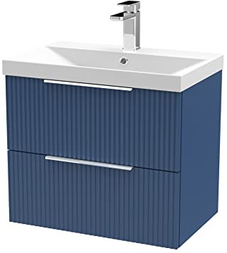 Hudson Reed DFF393D Fluted Modern Bathroom Wall Hung 2 Drawer Vanity Basin Unit with Thin-Edge Ceramic Basin, 600mm, Satin Blue