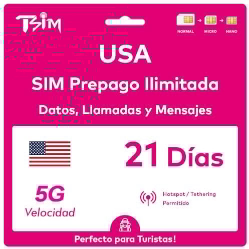 USA SIM-Karte 21 Tage. T-Mobile-Netz mit unbegrenztem Highspeed-Datenvolumen in 5G/4G/LTE | Unbegrenzte Anrufe und SMS innerhalb der USA (einschließlich Hawaii). 5G SIM-Karte!
