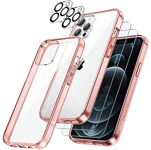 JETech 5 in 1 Hülle für iPhone 12 Pro 6,1 Zoll, mit 2 Stück Schutzfolie und 2 Stück Kameraschutz, Full Screen Panzer Schutz Glas Folie Displayschutz Kamera, Stoßfest Handyhülle (Roségold)