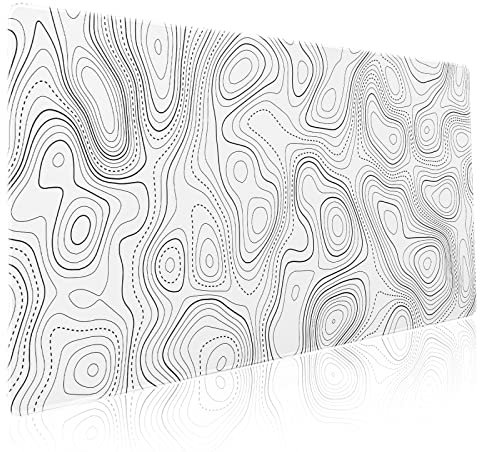 Topographic Contour White Gaming Mouse Pad XXL Geographic Map Lines Extended Big Large Desk Mat Non-Slip Rubber Base Stitched Edge Long Keyboard Mousepad for PC Computer Laptop,35.4×15.7 in