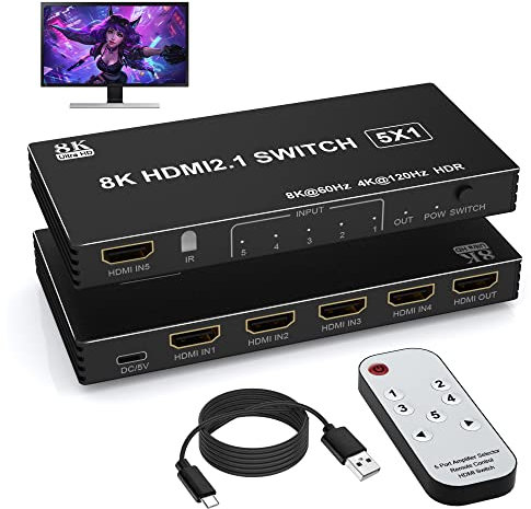 Commutateur HDMI 8K 5 en 1 avec télécommande, commutateur 5 Ports pour PS5, Xbox, PS4, Roku, PC, TV