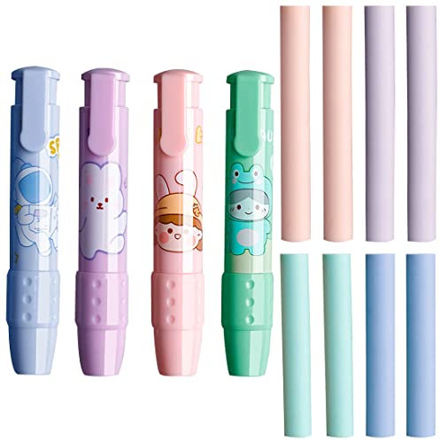 UCUNJIA 4 STÜCKE Drückbarer Radiergummi, Kinderset, mit 8 nachfüllbaren Gummikernen, Geschenken für Kindergeburtstag, Kinder, Schulbedarf
