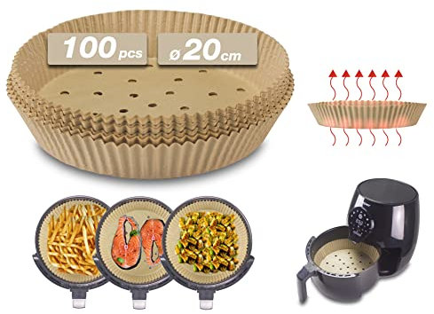 BEPER C103ACC001 Papel de horno para freidora de aire, 100 Piezas [20 cm] Papel Perforado para Freidora Biodegradable, Antiadherente y Repelente al Aceite