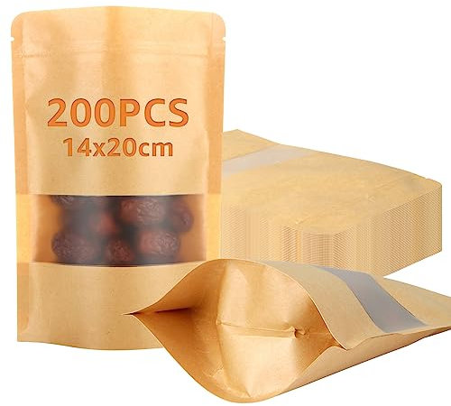 200 Stück Kraftpapiertüten mit Fenster, 14 x 20 x 4 cm, stehende braune Papiertüten, wiederverschließbarer Standbeutel, wasserdichter Beutel mit Reißverschluss, geeignet für getrocknete Früchte