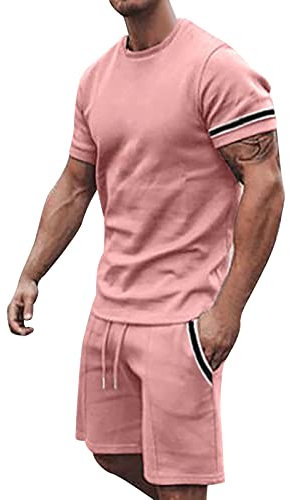 Ensemble de 2 pièces t-shirt et short d'été pour homme - Léger et respirant - En 2 pièces - En lin - Pour le sport - Pour la plage et les loisirs, Rose (01), L