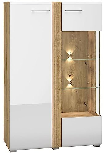 Lomadox Highboard Vitrine Wohnzimmer Schrank Kommode Vitrinenschrank Eiche Castello Nb. mit weiß Hochglanz, MDF Fronten mit filigraner Fräsung, LED Beleuchtung, B/H/T: ca. 92/143/42 cm