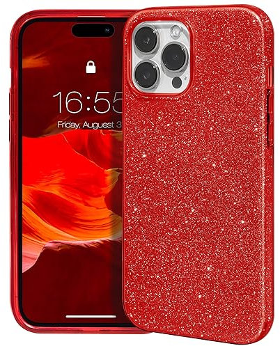 MATEPROX Compatible with iPhone 15 Pro Case, Sparkly Bling Cute Glitter Cover with 3 Layer Hybrid, Anti-Slick Protective Case for iPhone 15 Pro 6.1'' 2023-Red