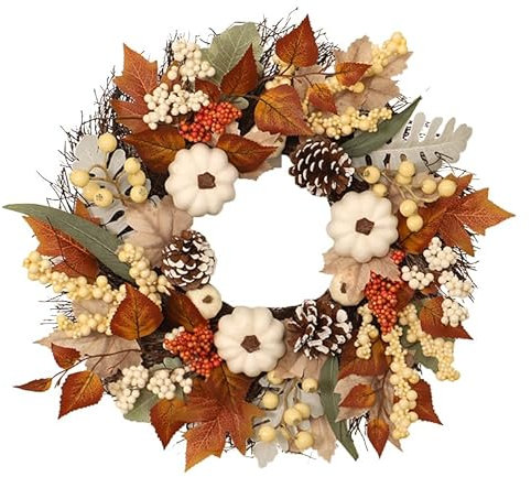 Bullpiano Herbstkranz, 50 cm Herbstkränze für Haustür, Bauernhaus-Erntedank-Kranz, weißer Kürbis, Tannenzapfen, Beeren- und Ahornblatt, Ernte-Türkranz, Thanksgiving-Dekoration, Herbstdekoration