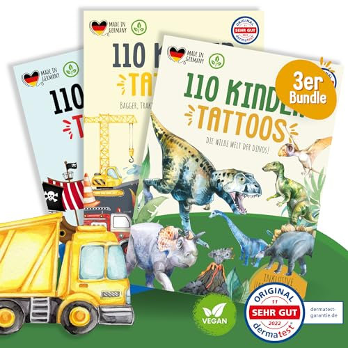 MeinBaby123® 330 hautfreundliche Kinder Tattoos für Jungs | 3er Set Hauttattoos Bagger, Dinos, Baufahrzeuge und Piraten - vegan & in Deutschland hergestellt (3er Set - Dinos, Piraten & Fahrzeuge)