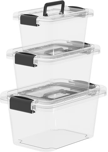 Cetomo Storage Boxes, Storage Box with Lids and Handle for Home Dorm Office Organization, Stackable Nesting Tote Container, Plastic, Clear, 6L 10L 18L-3 Pack