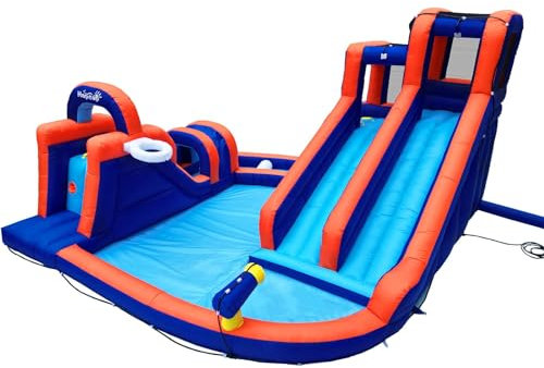 HapCap Blue Inflatable Water Slide for Kids,Obstacle Course Bounce House with Three Water Slides,2 Climbing Walls,Tunnel,Obstacle Bar,Heavy-Duty for Outdoor Backyard,with Air Blower,13.8 ft x 13.5 ft