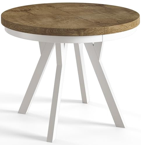 AlpiMeble Table de salle à manger ronde EVO, table extensible diamètre 90 cm à 190 cm, table de salon, couleur : LEFAKS, avec pieds en bois de couleur blanche