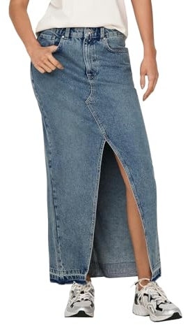 ONLY Damen Maxi Jeans Rock ONLAlina Leigh Long Langer Damenrock mit Schlitz 15315770 Medium Blue Denim L