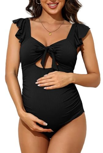 Charmo Maternity One Piece Swimwear for Women Ruffle Sleeve Pregnancy Bathing Suit Tie Knot Swimsuit Black L