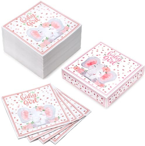 RUSPEPA 50 Stück Servietten für Babymädchen – Einweg-Mittagessenservietten aus 3-lagigem Papier, entzückender rosa Elefant – 16,5 x 16,5 cm/33 x 33 cm (aufgeklappt)