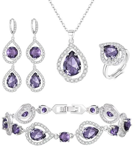 EVER FAITH 4 Stück Schmuck Set für Damen Teardrop Cubic Zirkonia Anhänger Halskette Ohrringe Tennis Armband und Offene Ring Sets für Party Hochzeit Violett-Lila Silber-Ton