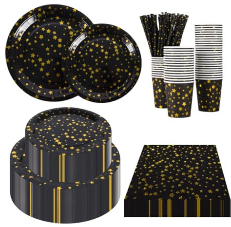 CEILIWEN 50 Guests Black and Gold Party Supplies Set, Black Gold Stars Paper Tableware, Disposable Party Dinnerware Set- Include 9'' Plates, 7'' Plates, Napkin, Cup, Straw, 250PCS