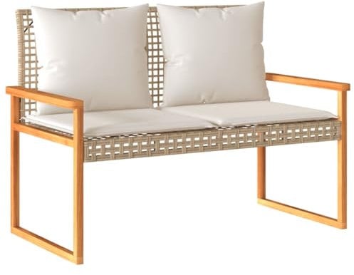 vidaXL Gartenbank, Sitzbank mit Kissen, Bank Parkbank Stahlrahmen, Gartenmöbel Terrassenbank Balkonbank, Beige Poly Rattan Akazienholz