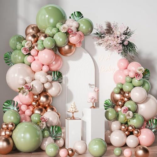 Sage Green Pink Balloon Arch Kit,150Pcs Sage Green and Pink Balloon Garland Arch Kit with Pink White Sand Rose Gold Balloons for Baby Shower Decoration,Birthday Party,Wedding,Jungle Safari Party Decor
