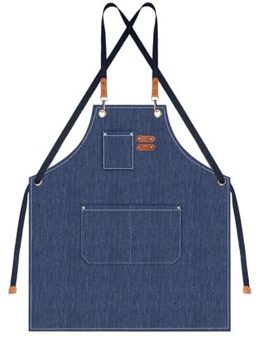 Yafe Chef Apron for Women Men, Canvas Work Apron with Adjustable Strap and Large Pockets, Apron for Cooking Kitchen Garden Restaurant Bar Painting—Blue