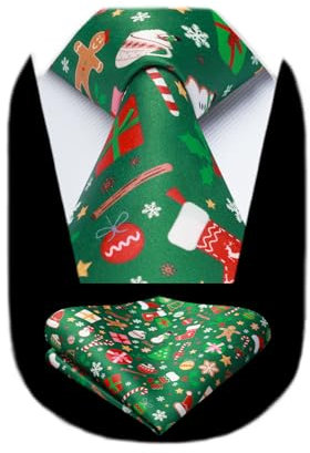 HISDERN Grüne Weihnachts Krawatten für Herren Weihnachten Muster Xmas Party Festival Krawatte mit Einstecktuch Set