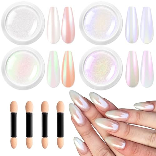 BISHENGYF Pearl Chrome Nail Powder - Hochglänzendes Cromepulver Nägel, Weißes Holo Glasur Donut Chromfarbener Nagelpuder Klares Aurora Glassy Nagelglitzerpuder, Neon Spiegeleffekt Pigment DIY Dekor