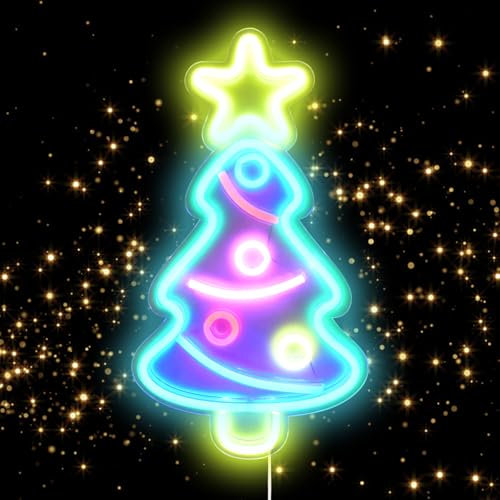 Jinlaili Panneau Lumineux Néon LED, Enseignes au Néon en forme de Arbre de Noël, Décoration de Noël, USB Lampes de Nuit, LED Murale Décor Signes Lumineux pour la Chambre de Noël lumières décoratives